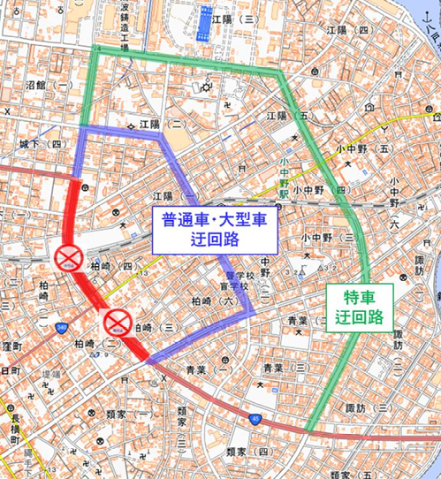国道45号の通行止めによる迂回路の図。(青森河川国道事務所発表の資料を一部加工)